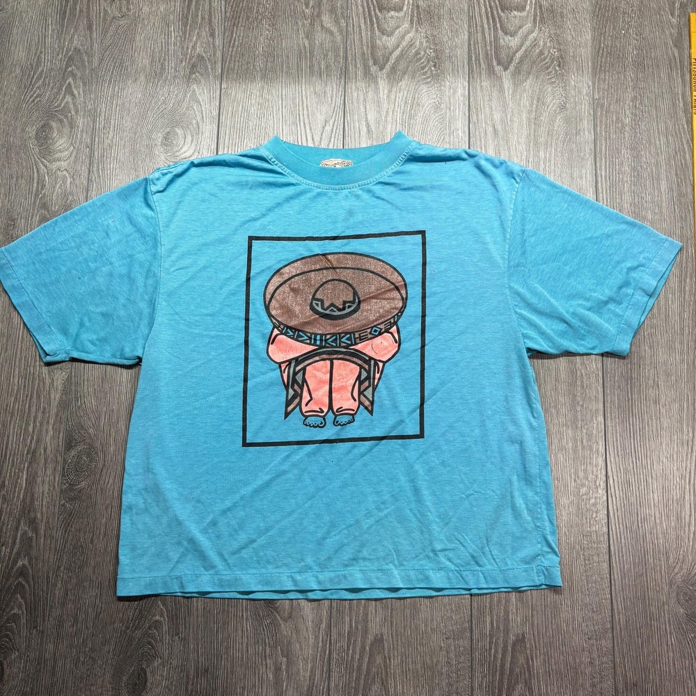 Vintage Mexican Sombrero T Shirt Large Nature Singe Stitch Faded Blue